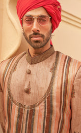 Exclusive latest Light brown designer mens indowestern sherwani kurta in pure pv silk and foil print with handwork